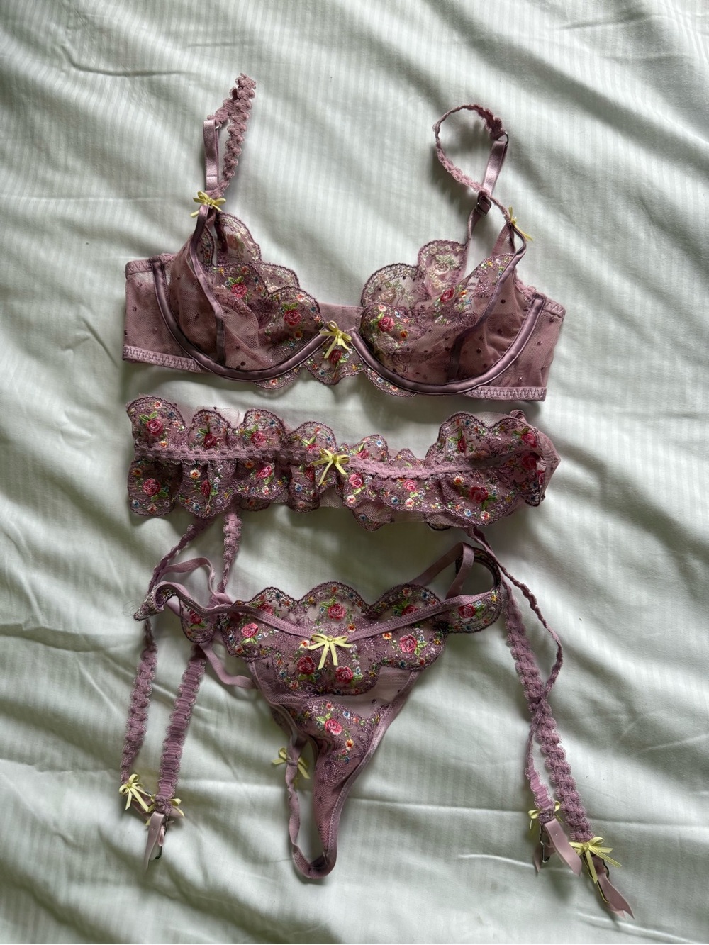 For Love & Lemons mauve floral lace bra, garter belt & thong set